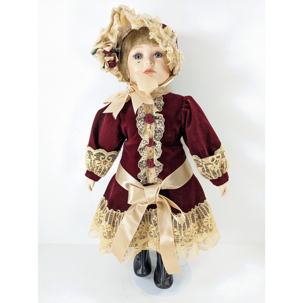 Geppeddo Signed German Collectible Doll 18" Burgundy Velvet Lace Dress Blonde